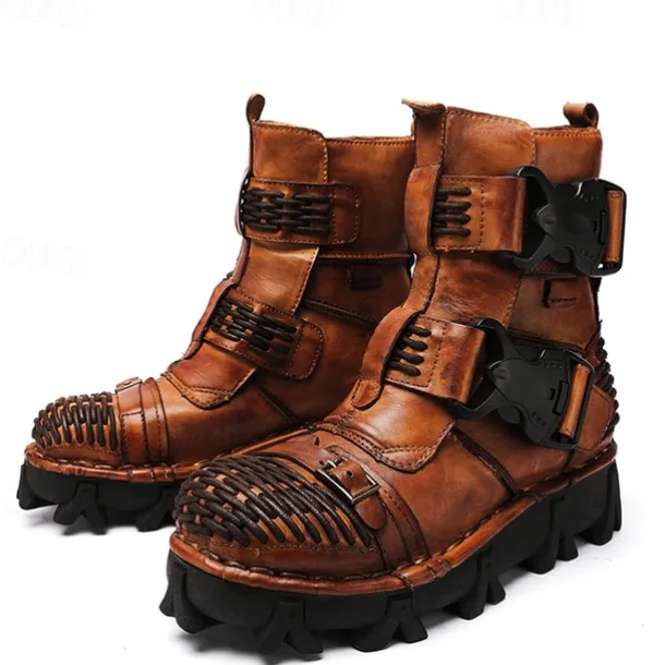 Men's Steampunk Motorcycle Boots with Double Buckle Straps and Rugged Sole, Brown Leather Gothic Footwear for Riding and Cosplay