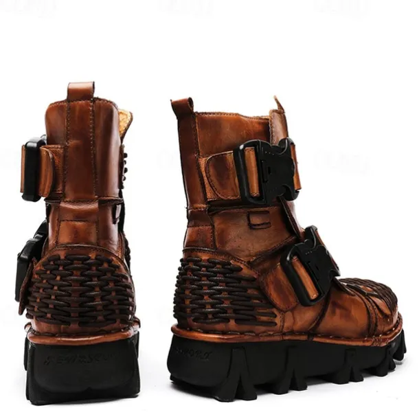 Men's Steampunk Motorcycle Boots with Double Buckle Straps and Rugged Sole, Brown Leather Gothic Footwear for Riding and Cosplay
