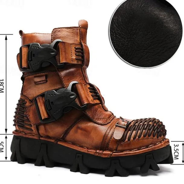 Men's Steampunk Motorcycle Boots with Double Buckle Straps and Rugged Sole, Brown Leather Gothic Footwear for Riding and Cosplay