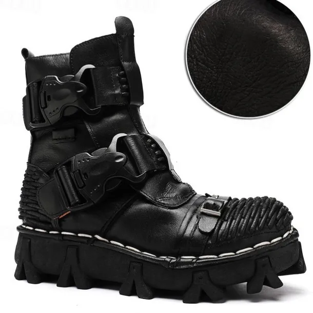 Men's Steampunk Motorcycle Boots with Double Buckle Straps and Rugged Sole, Brown Leather Gothic Footwear for Riding and Cosplay