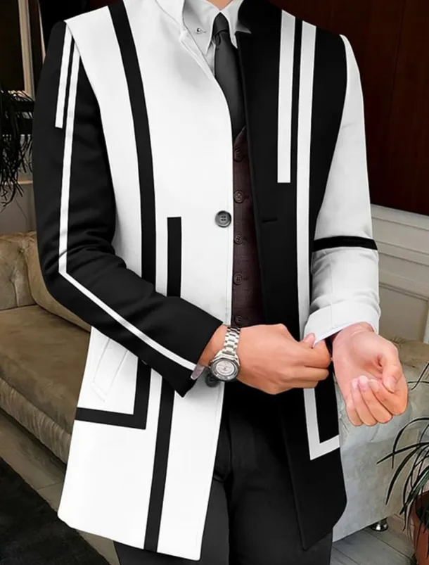 Men's Stripe Geometry Winter Coat Overcoat Coat Warm Breathable Comfortable Business Work Wear to work Going out Pocket Print Fall & Winter Stand Collar Long Sleeve White Yellow Red