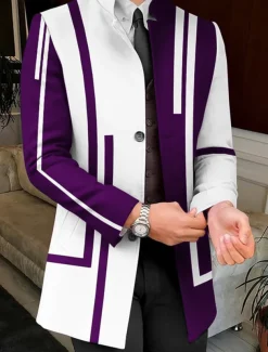 Men's Stripe Geometry Winter Coat Overcoat Coat Warm Breathable Comfortable Business Work Wear to work Going out Pocket Print Fall & Winter Stand Collar Long Sleeve White Yellow Red