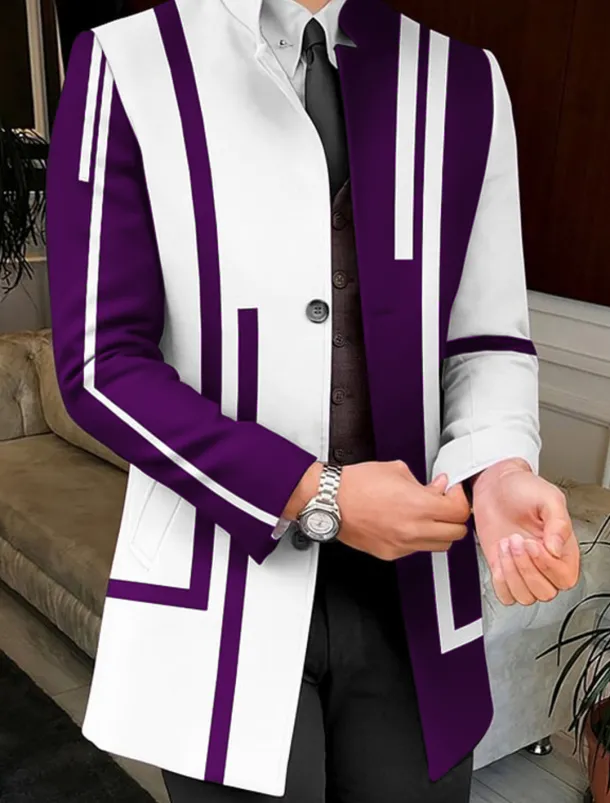 Men's Stripe Geometry Winter Coat Overcoat Coat Warm Breathable Comfortable Business Work Wear to work Going out Pocket Print Fall & Winter Stand Collar Long Sleeve White Yellow Red