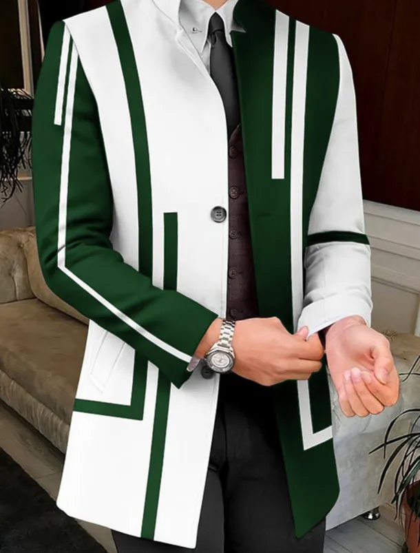 Men's Stripe Geometry Winter Coat Overcoat Coat Warm Breathable Comfortable Business Work Wear to work Going out Pocket Print Fall & Winter Stand Collar Long Sleeve White Yellow Red