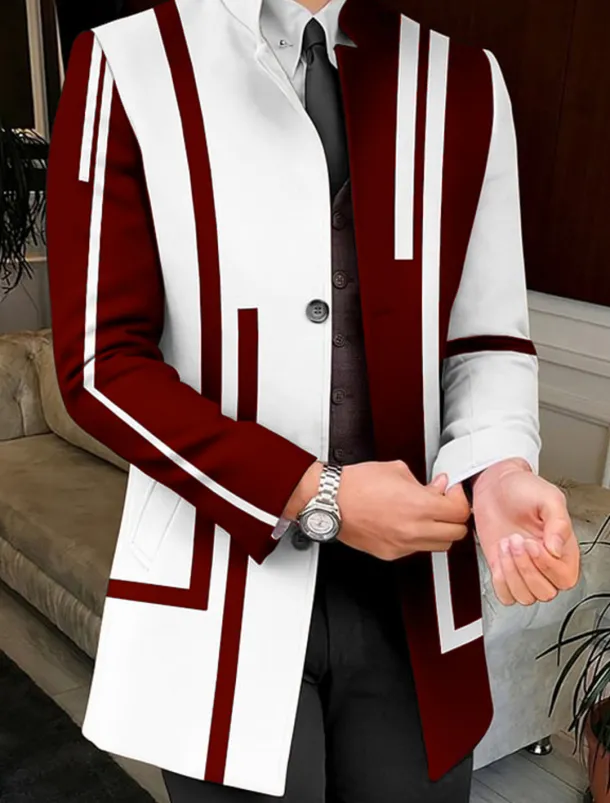 Men's Stripe Geometry Winter Coat Overcoat Coat Warm Breathable Comfortable Business Work Wear to work Going out Pocket Print Fall & Winter Stand Collar Long Sleeve White Yellow Red