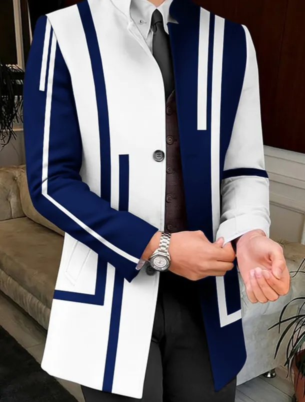 Men's Stripe Geometry Winter Coat Overcoat Coat Warm Breathable Comfortable Business Work Wear to work Going out Pocket Print Fall & Winter Stand Collar Long Sleeve White Yellow Red