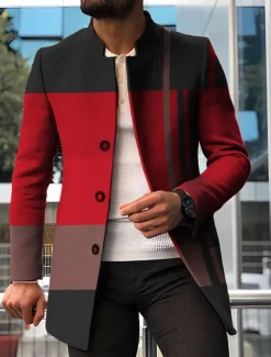 Men's Stripe Geometry Winter Coat Overcoat Coat Warm Breathable Comfortable Fashion Streetwear Business Work Wear to work Going out Pocket Print Fall & Winter Turndown Long Sleeve Red Blue Orange