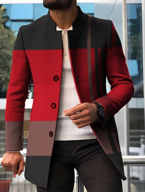 Men's Stripe Geometry Winter Coat Overcoat Coat Warm Breathable Comfortable Fashion Streetwear Business Work Wear to work Going out Pocket Print Fall & Winter Turndown Long Sleeve Red Blue Orange