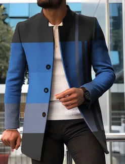Men's Stripe Geometry Winter Coat Overcoat Coat Warm Breathable Comfortable Fashion Streetwear Business Work Wear to work Going out Pocket Print Fall & Winter Turndown Long Sleeve Red Blue Orange