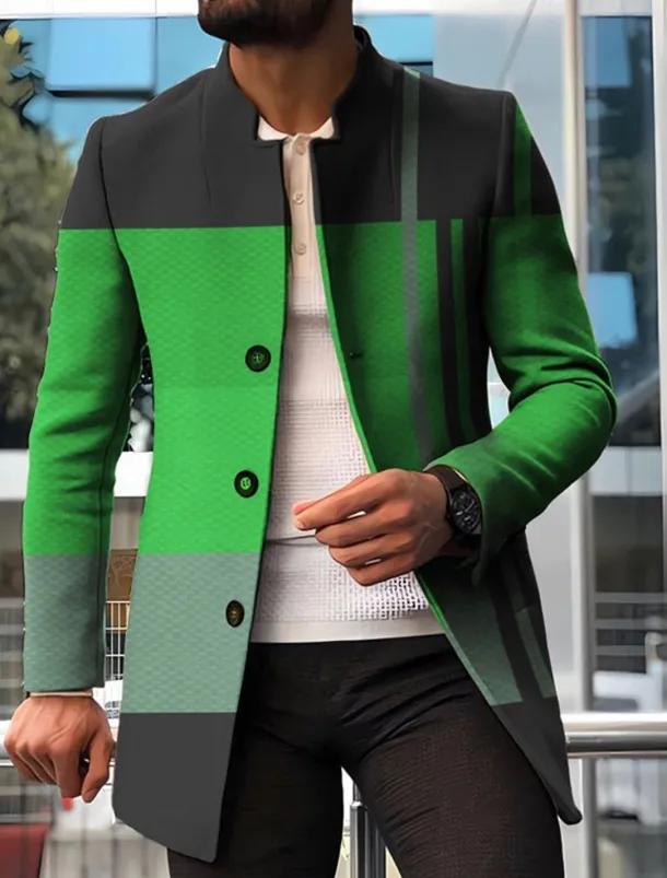 Men's Stripe Geometry Winter Coat Overcoat Coat Warm Breathable Comfortable Fashion Streetwear Business Work Wear to work Going out Pocket Print Fall & Winter Turndown Long Sleeve Red Blue Orange