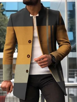 Men's Stripe Geometry Winter Coat Overcoat Coat Warm Breathable Comfortable Fashion Streetwear Business Work Wear to work Going out Pocket Print Fall & Winter Turndown Long Sleeve Red Blue Orange