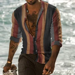 Men's Striped Geometric Pattern Shirt Button Up Shirt Long Sleeve Fashion Designer Casual Outdoor Daily Fall Winter Collar Print Button-Down Light Green Pink Red Purple Green