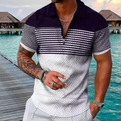 Men's Striped Hawaiian Polo Shirts Golf Shirt Short Sleeve Polo Shirts Collared Shirts Casual Beach Wear Vacation Wear Party Outfits 3D Print Quarter Zip Polo Black-White Black Army Green