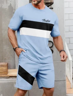 Men's Striped 2pcs Tees sets Summer Tops Short Sleeve Short Pants Crew Neck Sport Casual Outdoor Vacation Sport 3D Print Summer Brown ash-colored Light Blue