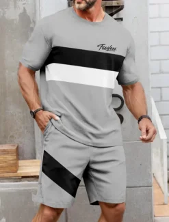 Men's Striped 2pcs Tees sets Summer Tops Short Sleeve Short Pants Crew Neck Sport Casual Outdoor Vacation Sport 3D Print Summer Brown ash-colored Light Blue