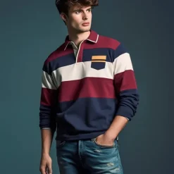 Men's Striped Rugby Polo Shirts Long Sleeve Polo Shirts Zip Casual Outdoor Casual Daily Streetwear 3D Print Fall & Winter Yellow Wine Red