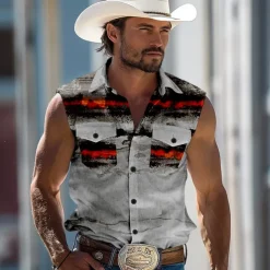 Men's Striped Shirt Western Shirt Cowboy Shirt Sleeveless Western Style Outdoor Work Causal Summer Spring Shirt Collar Red Blue Khaki Gray