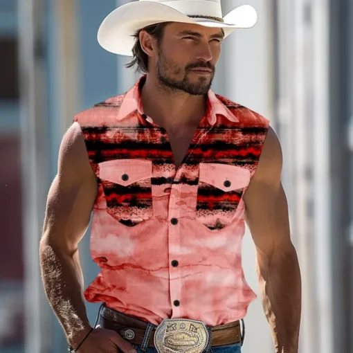 Men's Striped Shirt Western Shirt Cowboy Shirt Sleeveless Western Style Outdoor Work Causal Summer Spring Shirt Collar Red Blue Khaki Gray