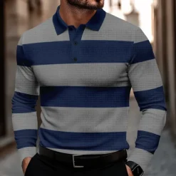 Men's Striped Waffle Polo Shirts Golf Shirt Long Sleeve Polo Shirts Collared Shirts Casual Business Casual Home Office Dailywear Buttons 3D Print Spring Fall Winter Black And White Blue Gray