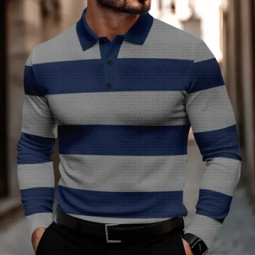Men's Striped Waffle Polo Shirts Golf Shirt Long Sleeve Polo Shirts Collared Shirts Casual Business Casual Home Office Dailywear Buttons 3D Print Spring Fall Winter Black And White Blue Gray