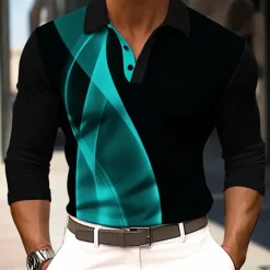 Men's Striped Waffle Polo Shirts Long Sleeve Polo Shirts Collar Business Casual Formal Outdoor Vacation Dailywear Buttons 3D Print Spring Fall Winter Black Yellow Red