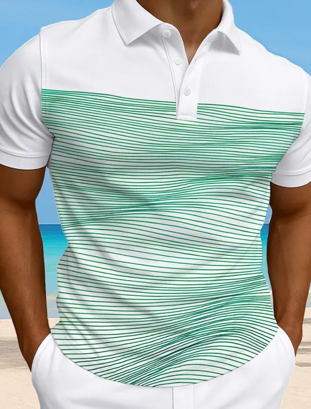 Men's Striped Waves Polo Short Sleeve Polo Collar Vacation Athleisure Casual Daily 3D Print Buttons Summer Violet Robin's Egg Blue Green