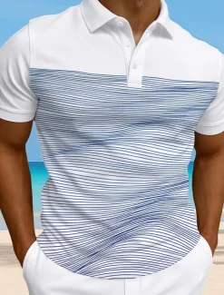 Men's Striped Waves Polo Short Sleeve Polo Collar Vacation Athleisure Casual Daily 3D Print Buttons Summer Violet Robin's Egg Blue Green