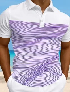 Men's Striped Waves Polo Short Sleeve Polo Collar Vacation Athleisure Casual Daily 3D Print Buttons Summer Violet Robin's Egg Blue Green