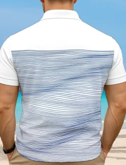 Men's Striped Waves Polo Short Sleeve Polo Collar Vacation Athleisure Casual Daily 3D Print Buttons Summer Violet Robin's Egg Blue Green