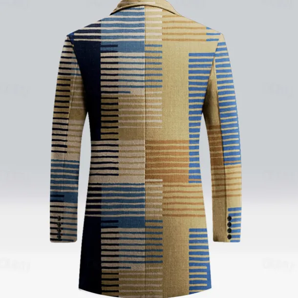 Men's Striped Winter Coat Fleece Jacket Overcoat Thermal Comfortable Business Casual Formal Daily Wear Buttons 3D Print Front Pocket Winter Turndown Long Sleeve Yellow