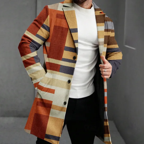 Men's Striped Winter Coat Fleece Jacket Overcoat Thermal Comfortable Business Casual Formal Daily Wear Buttons 3D Print Front Pocket Winter Turndown Long Sleeve Brown