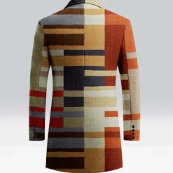 Men's Striped Winter Coat Fleece Jacket Overcoat Thermal Comfortable Business Casual Formal Daily Wear Buttons 3D Print Front Pocket Winter Turndown Long Sleeve Brown