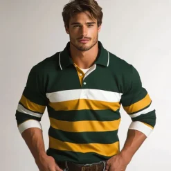 Men's Stripes Rugby Polo Cable Knit Polo Long Sleeve Polo Shirts Collared Shirts Casual Outdoor Athleisure 3D Print Spring Fall Green