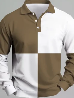 Men's Stripes Rugby Polo Long Sleeve Polo Shirts Collared Shirts Casual School Outdoor Business Athleisure 3D Print Spring Fall Blue Brown Green