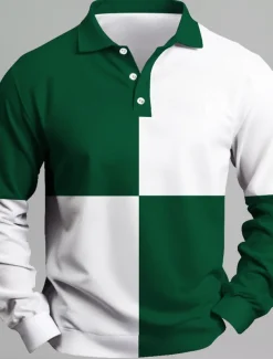 Men's Stripes Rugby Polo Long Sleeve Polo Shirts Collared Shirts Casual School Outdoor Business Athleisure 3D Print Spring Fall Blue Brown Green