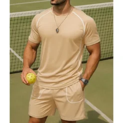Men's Stripes Sports Set Tennis Set Two-piece Suit Short Sleeves Sweat-Wicking Moisture Wicking Breathable Tennis Golf Pickleball Crew Neck Black Royal Blue Khaki Tennis Clothing