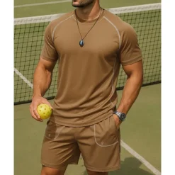Men's Stripes Sports Set Tennis Set Two-piece Suit Short Sleeves Sweat-Wicking Moisture Wicking Breathable Tennis Golf Pickleball Crew Neck Black Royal Blue Khaki Tennis Clothing