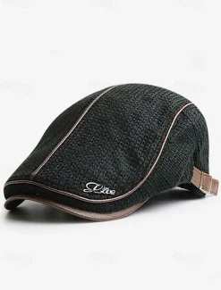 Men's Stylish Black Newsboy Cap with Leather Trim, Breathable Fabric, Adjustable Fit – Casual Vintage Flat Hat for Everyday Wear and Outdoor Activities