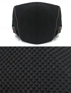 Men's Stylish Black Newsboy Cap with Leather Trim, Breathable Fabric, Adjustable Fit – Casual Vintage Flat Hat for Everyday Wear and Outdoor Activities