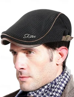 Men's Stylish Black Newsboy Cap with Leather Trim, Breathable Fabric, Adjustable Fit – Casual Vintage Flat Hat for Everyday Wear and Outdoor Activities