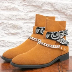 Men's Suede Ankle Boots with Skull Print Straps and Chain Detail - Stylish Western-Inspired Design for Casual and Festival Wear