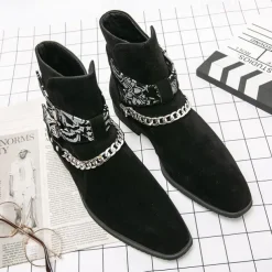 Men's Suede Ankle Boots with Skull Print Straps and Chain Detail - Stylish Western-Inspired Design for Casual and Festival Wear