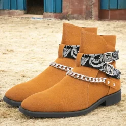 Men's Suede Ankle Boots with Skull Print Straps and Chain Detail - Stylish Western-Inspired Design for Casual and Festival Wear