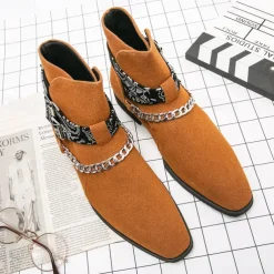 Men's Suede Ankle Boots with Skull Print Straps and Chain Detail - Stylish Western-Inspired Design for Casual and Festival Wear