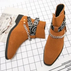 Men's Suede Ankle Boots with Skull Print Straps and Chain Detail - Stylish Western-Inspired Design for Casual and Festival Wear