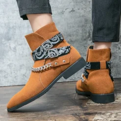 Men's Suede Ankle Boots with Skull Print Straps and Chain Detail - Stylish Western-Inspired Design for Casual and Festival Wear