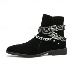 Men's Suede Ankle Boots with Skull Print Straps and Chain Detail - Stylish Western-Inspired Design for Casual and Festival Wear