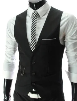 Men's Suit Vest Waistcoat Formal Wedding Work Business / Ceremony / Wedding Fashion 1920s All Seasons Polyester Solid Colored V Neck Slim Wine Black White Navy Blue Vest