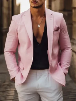 Men's Suits Outdoor Work Daily Pocket Fashion Daily Spring & Fall Polyester Cotton Blend Solid Color Pocket Buttons Single Breasted Blazer Pink Sky Blue Orange