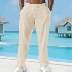 Men's Summer Pants Beach Pants Casual Pants Pocket Elastic Waist Drawstring Plain Comfort Breathable Vacation Daily Holiday Hawaiian Boho Black White